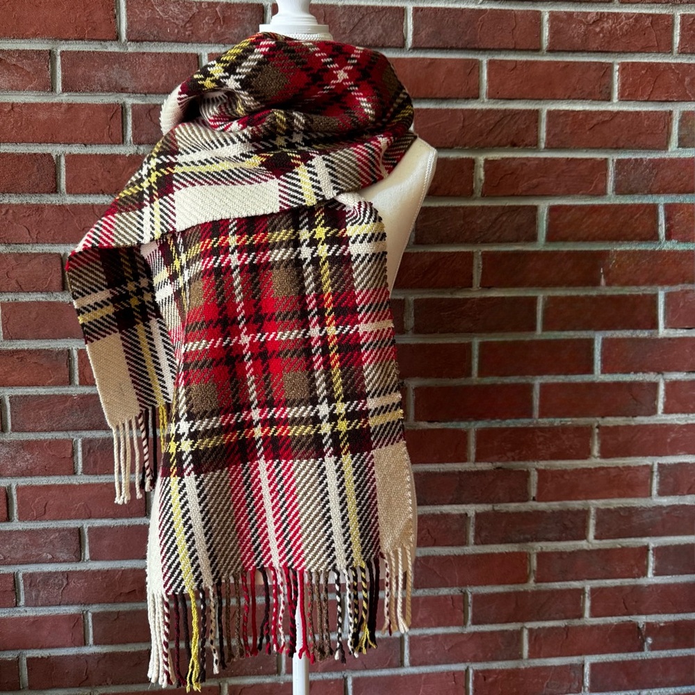 Burberry Cashmere & Wool Giant Plaid Scarf Shawl Red,Yellow,Cream 14”x80”
